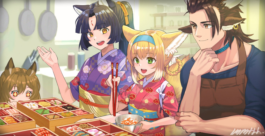 +_+, 1boy, 3girls, :d, animal_ear_fluff, animal_ears, apron, arknights