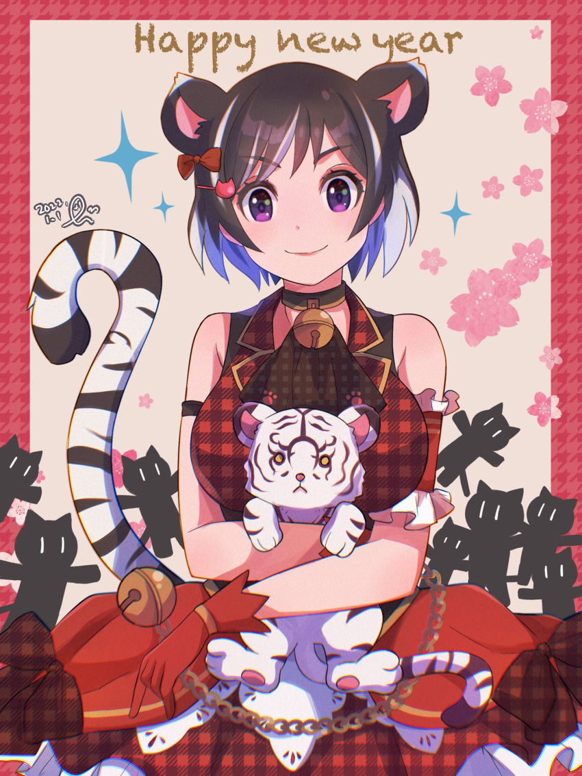 1girl, animal_ears, anotherplus, bell, black_hair, bow, breasts, chinese_zodiac