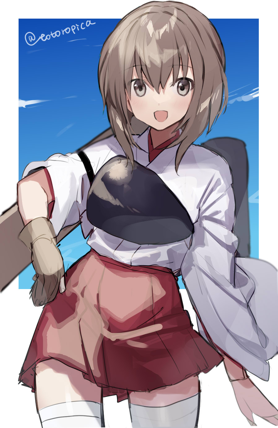 1girl, akagi_(kancolle), akagi_(kancolle)_(cosplay), blue_sky, brown_eyes, brown_gloves, brown_hair, clouds, commentary_request, cosplay, cowboy_shot, gloves, highres, kantai_collection, looking_at_viewer, muneate, one-hour_drawing_challenge, partially_fingerless_gloves, picoli1313, short_hair, single_glove, sky, smile, solo, taihou_(kancolle), thigh-highs, twitter_username, white_legwear, yugake