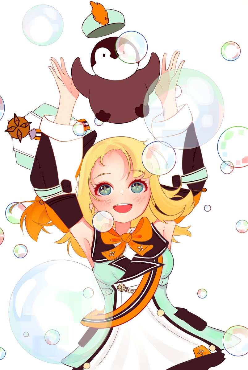 1girl, aqua_eyes, band_uniform, bird, blonde_hair, blush, bubble, detached_sleeves