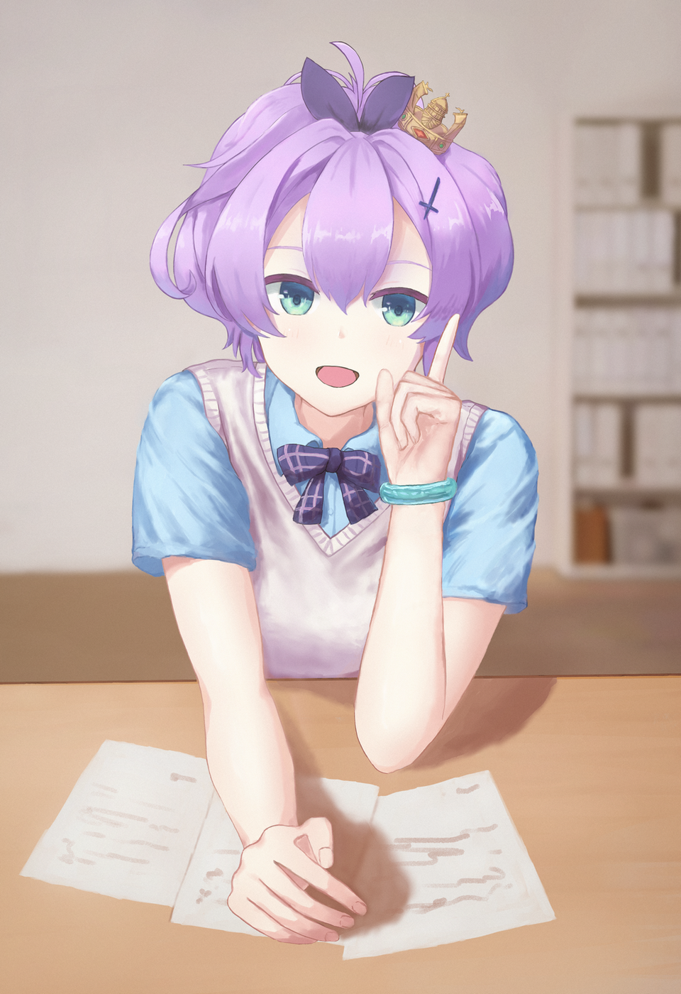 1girl, azur_lane, blue_shirt, blurry, blurry_background, bow, brown_sweater_vest, crown