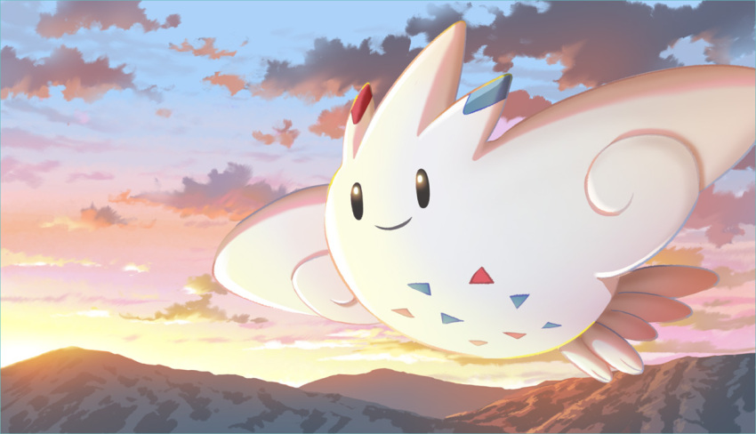 black_eyes, closed_mouth, clouds, commentary_request, flying, illustration_room_nagi, mountainous_horizon, no_humans