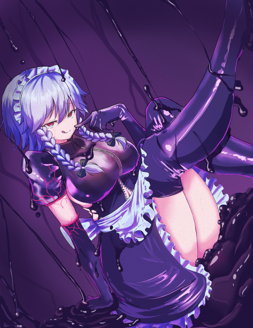 1girl, absurdres, apron, black_shirt, bow, braid, collared_shirt, corruption