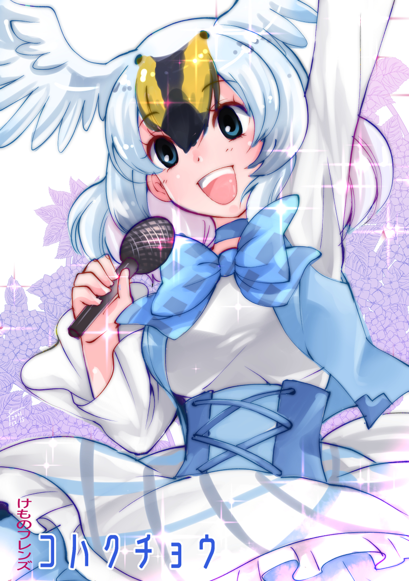 1girl, bird_girl, blue_bow, blue_bowtie, blue_choker, blue_eyes, blue_vest, bow