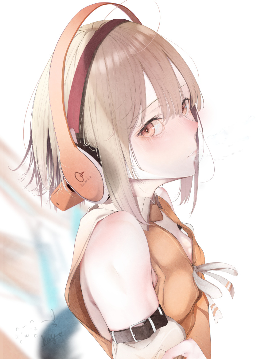 1girl, absurdres, bare_shoulders, blush, brown_hair, chunithm, expressionless, headphones