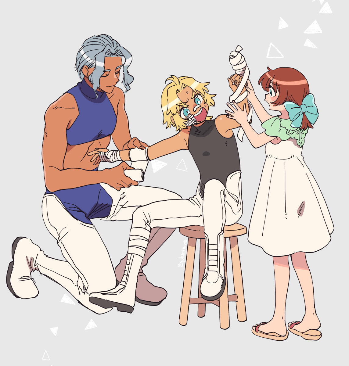 1girl, 2boys, bartholomew_fatima, blonde_hair, blue_eyes, brown_hair, closed_mouth, dark-skinned_male, dark_skin, highres, long_hair, marguerite_fatima, multiple_boys, open_mouth, sigurd_harcourt, silver_hair, simple_background, smile, stool, xenogears, younger, yukataro
