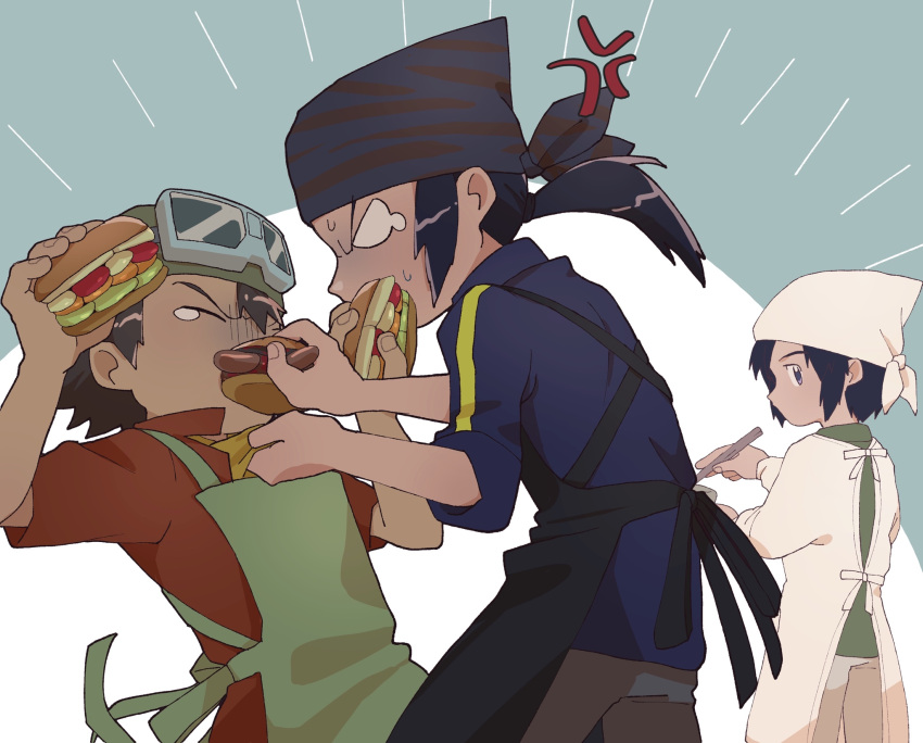 3boys, angry, apron, character_request, digimon, eating, feeding, food