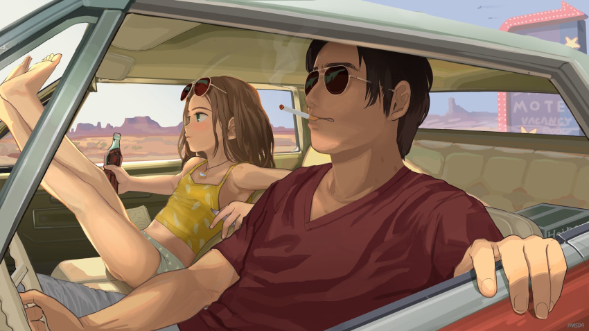 1boy, 1girl, age_difference, banned_artist, bare_legs, barefoot, blush, bottle