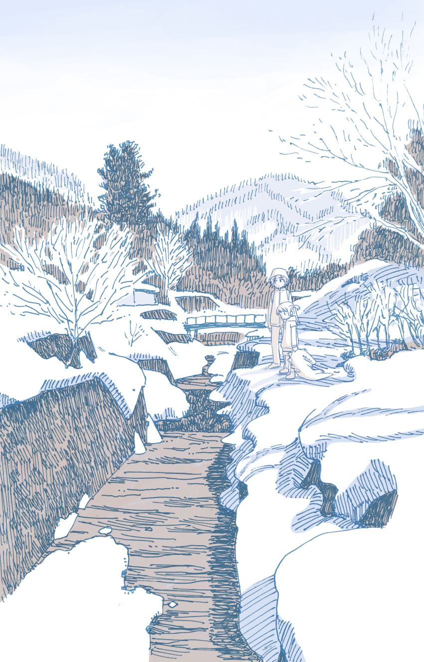 1boy, 1girl, backpack, bag, bridge, bucket_hat, commentary_request, forest, hat, highres, holding, holding_stuffed_toy, jacket, limited_palette, long_sleeves, mountain, muji_(uimss), nature, original, outdoors, riverbed, scenery, sky, snow, standing, stuffed_animal, stuffed_crocodile, stuffed_toy, tree, winter