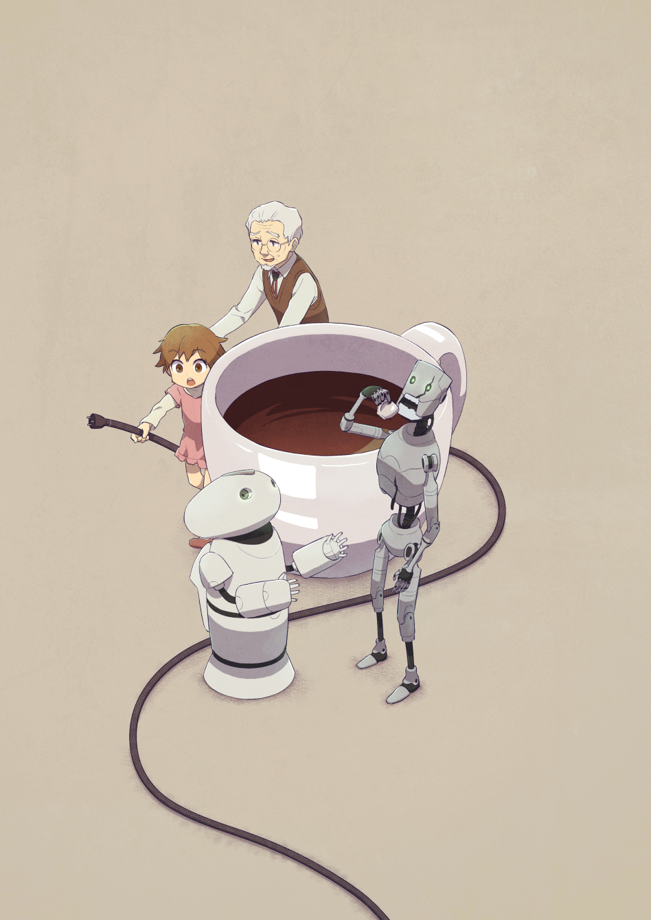 1boy, 1girl, brown_background, brown_hair, brown_sweater_vest, character_request, child, commentary_request