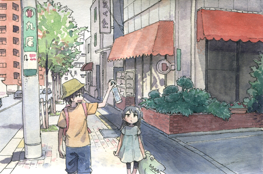 1boy, 1girl, black_hair, blue_dress, blue_shorts, bottle, brown_hair, bucket_hat