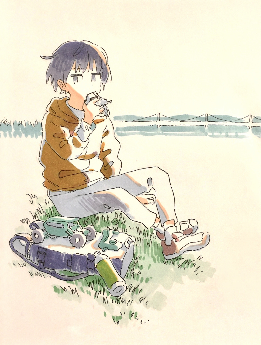 1girl, absurdres, androgynous, backpack, backpack_removed, bag, beige_background, black_eyes, black_hair, bottle, bridge, brown_jacket, commentary_request, controller, eating, food, full_body, grey_pants, highres, holding, holding_food, jacket, jitome, long_sleeves, looking_at_viewer, muji_(uimss), onigiri, original, outdoors, pants, red_footwear, remote_control, remote_control_vehicle, shoes, short_hair, sitting, sneakers, solo, water_bottle