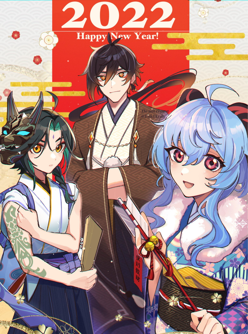 1girl, 2022, 2boys, :d, ahoge, alternate_costume, antenna_hair, aqua_hair