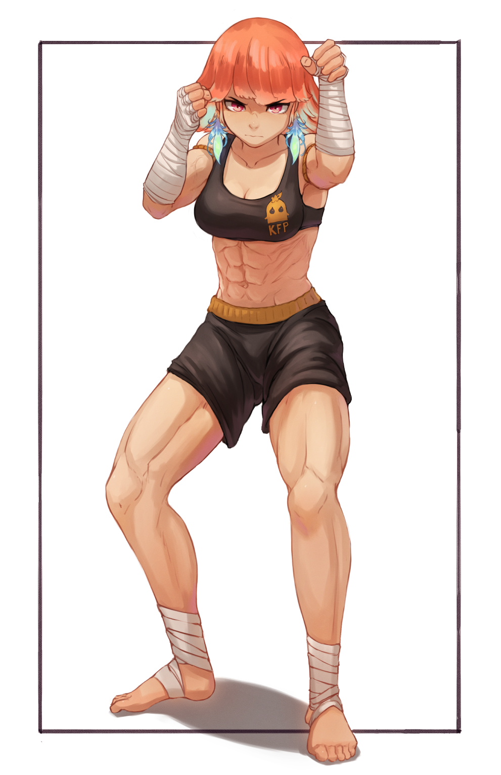 1girl, abs, black_shorts, boxers, breasts, clenched_hands, earrings, fighting_stance
