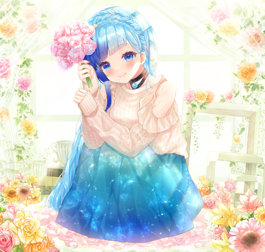 1girl, aoi_sana, bangs, black_choker, blue_eyes, blue_hair, blue_skirt, blunt_bangs
