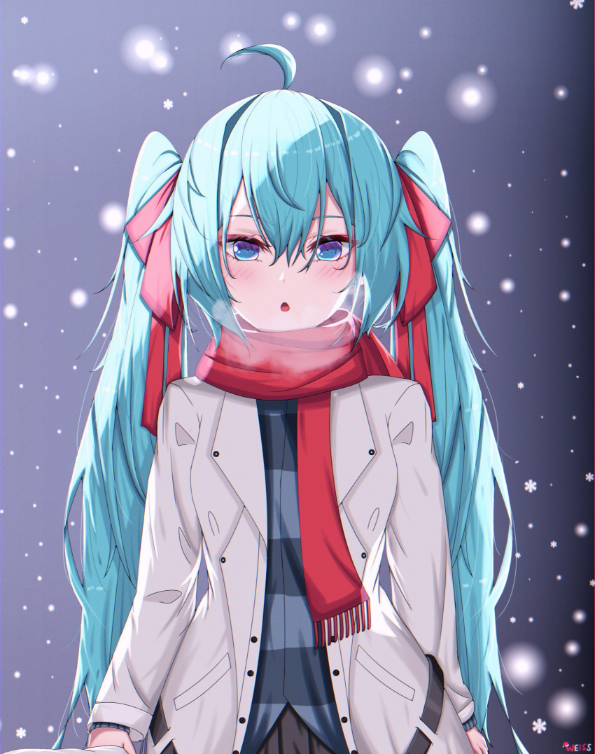 1girl, ahoge, bangs, blue_eyes, blue_hair, bow, chestnut_mouth, coat, grey_background, grey_skirt, hair_between_eyes, hair_bow, hatsune_miku, highres, long_hair, long_sleeves, looking_at_viewer, open_clothes, open_coat, pleated_skirt, red_bow, red_scarf, scarf, shiny, shiny_hair, shirt, skirt, snowflakes, snowing, solo, standing, striped, striped_shirt, twintails, very_long_hair, vocaloid, weiss_rubiaceae, white_coat, winter