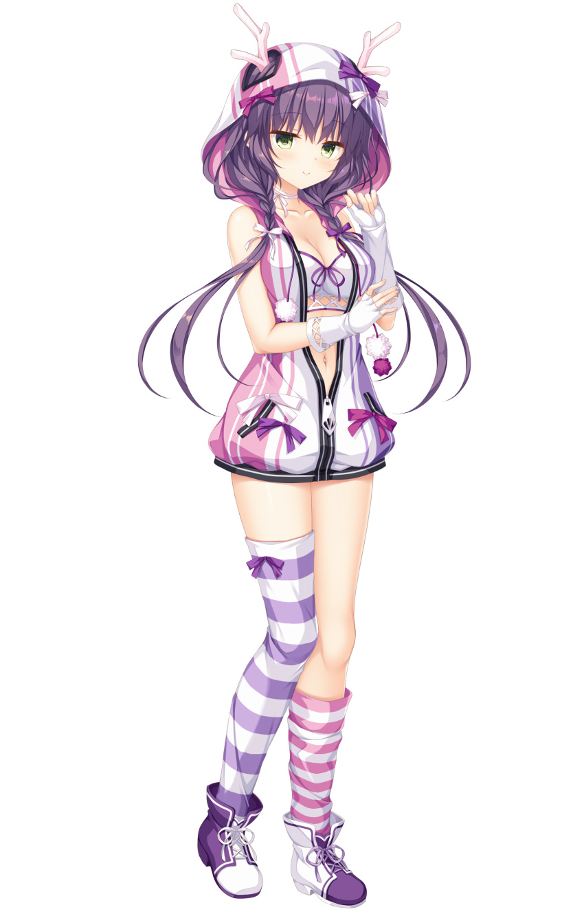 1girl, absurdres, asymmetrical_footwear, asymmetrical_legwear, bangs, blush, boots, braid, cardigan, choker, closed_mouth, collarbone, drapri_guu-ta-life_2, dress, eyebrows_visible_through_hair, fingerless_gloves, floating_hair, full_body, game_cg, gloves, green_eyes, hair_between_eyes, hair_ribbon, highres, hood, hood_up, hooded_sweater, horns, kneehighs, long_hair, looking_at_viewer, low_twintails, midriff, navel, open_cardigan, open_clothes, partially_unzipped, purple_footwear, purple_hair, purple_ribbon, red_ribbon, ribbon, ribbon_choker, sango_(drapri_guu-ta-life), shiny, shiny_hair, single_kneehigh, single_thighhigh, sleeveless, sleeveless_sweater, smile, solo, standing, stomach, striped, striped_legwear, sweater, sweater_dress, tachi-e, takano_yuki_(allegro_mistic), thigh-highs, transparent_background, twin_braids, twintails, very_long_hair, white_footwear, white_gloves, white_ribbon