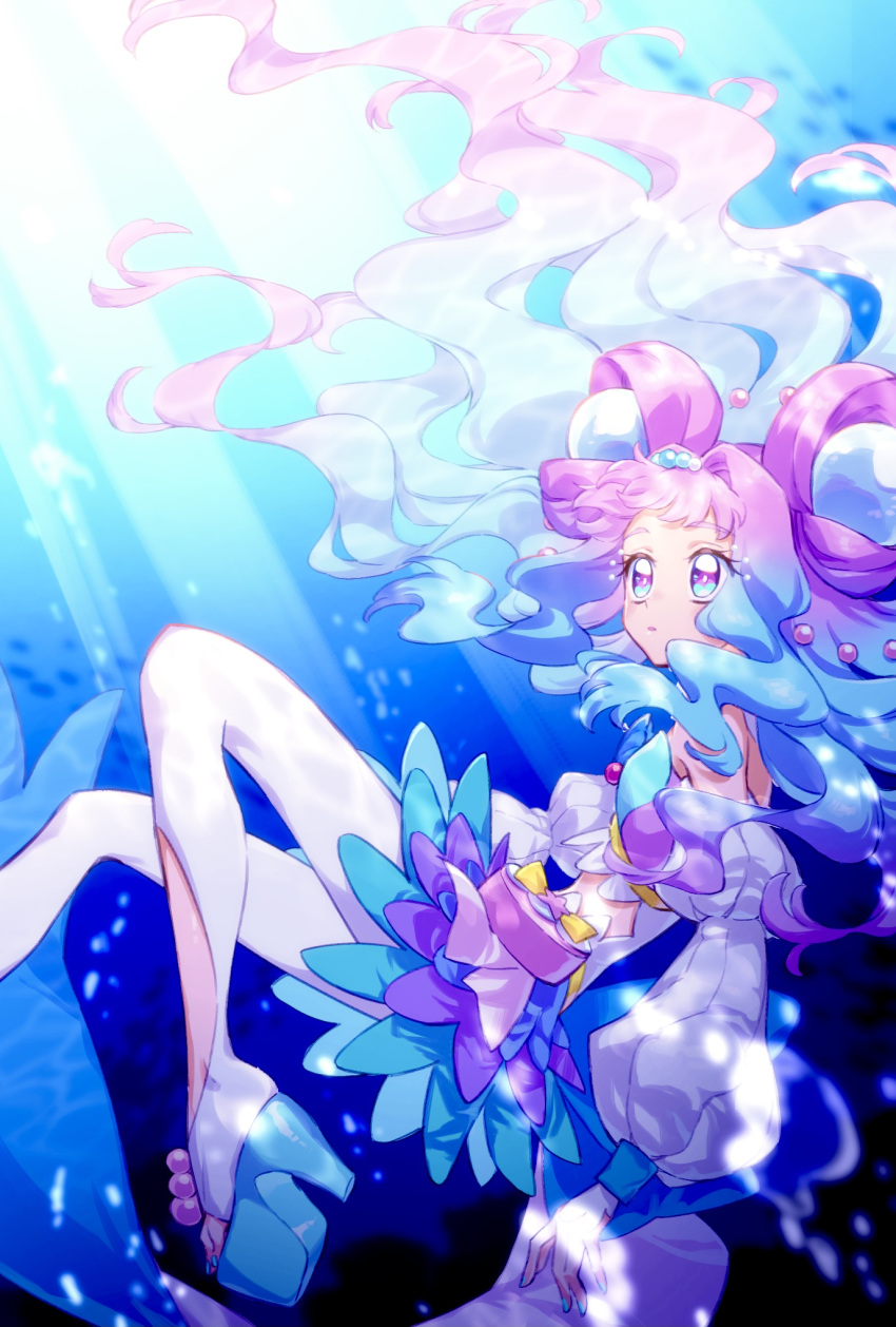 1girl, blue_eyes, blue_footwear, blue_hair, blue_nails, blue_skirt, cure_la_mer, detached_sleeves