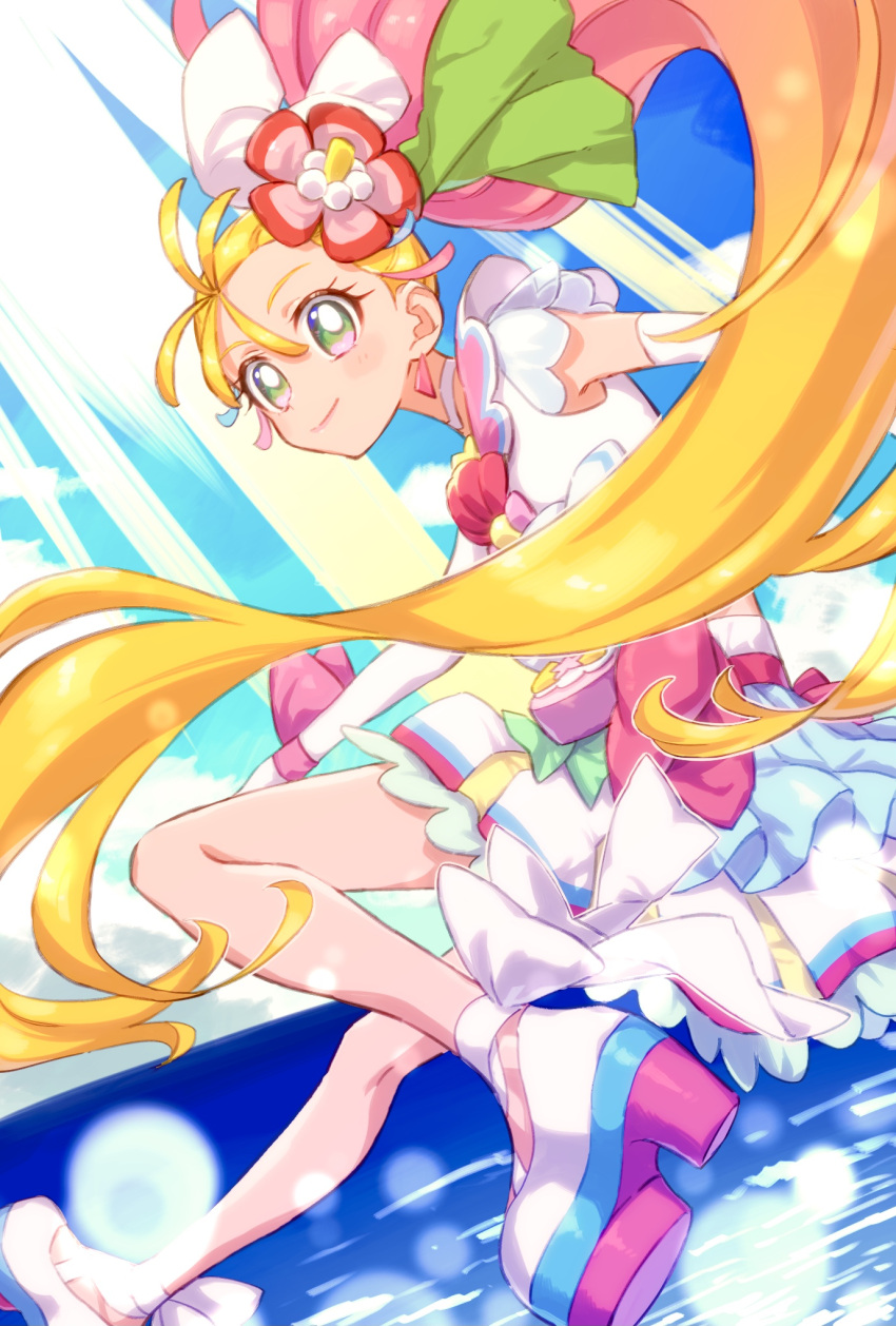 1girl, ankle_bow, bare_legs, blonde_hair, bow, choker, closed_mouth, clouds