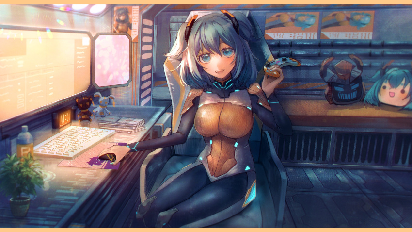 1girl, absurdres, aria_rin, bangs, blue_eyes, blue_hair, bottle, breasts