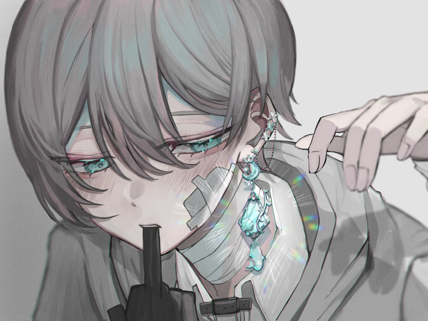 1boy, bandages, bandaid, blue_eyes, blush, brown_hair, ear_piercing, earrings