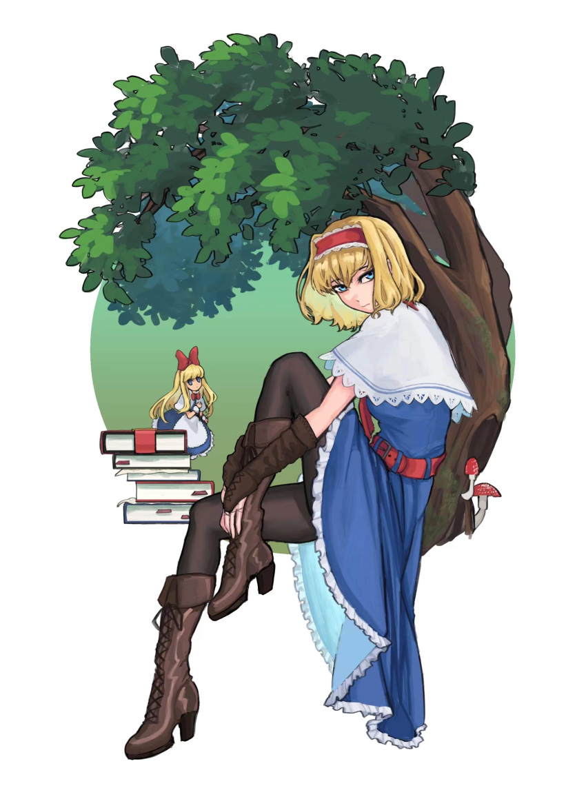 1girl, absurdres, alice_margatroid, belt, blonde_hair, blue_dress, blue_eyes, book, bookmark, boots, bow, capelet, circle, doll, dress, frilled_capelet, frilled_dress, frills, green_circle, hair_bow, hairband, high_heels, highres, lolita_hairband, mushroom, pantyhose, red_belt, red_hairband, shanghai_doll, short_hair, simple_background, sitting, solo, touhou, tree, white_background, white_capelet, yuec202108
