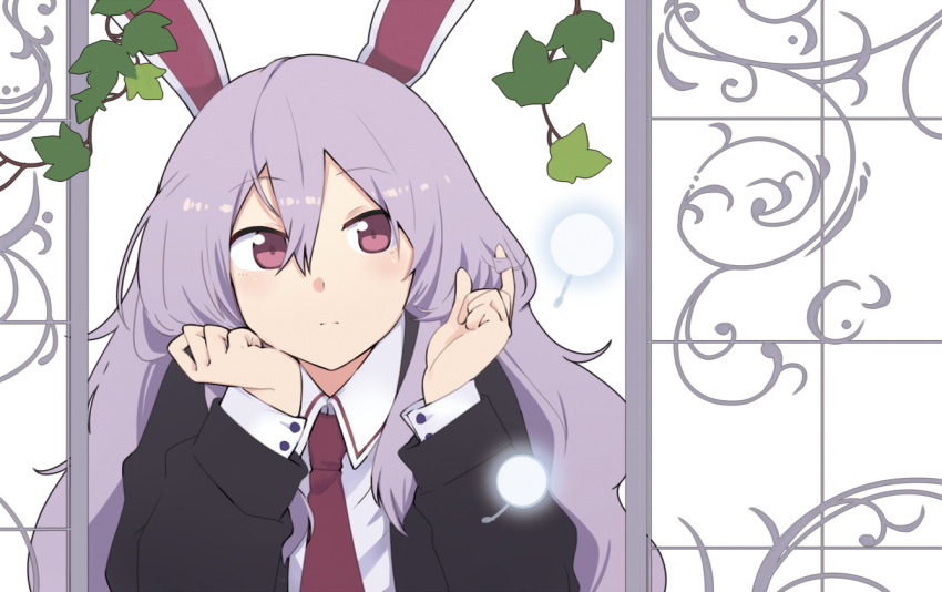 1girl, animal_ears, bangs, black_jacket, blazer, blush, buttons, closed_mouth, collared_shirt, commentary_request, dandelion, eyebrows_visible_through_hair, eyelashes, flower, hair_between_eyes, hair_twirling, hand_on_own_face, head_rest, jacket, leaf, light_purple_hair, long_hair, long_sleeves, looking_at_viewer, necktie, nurupo_(abooon), rabbit_ears, red_necktie, reisen_udongein_inaba, shiny, shiny_hair, shirt, sidelocks, solo, suit_jacket, touhou, violet_eyes, white_shirt, window, wing_collar