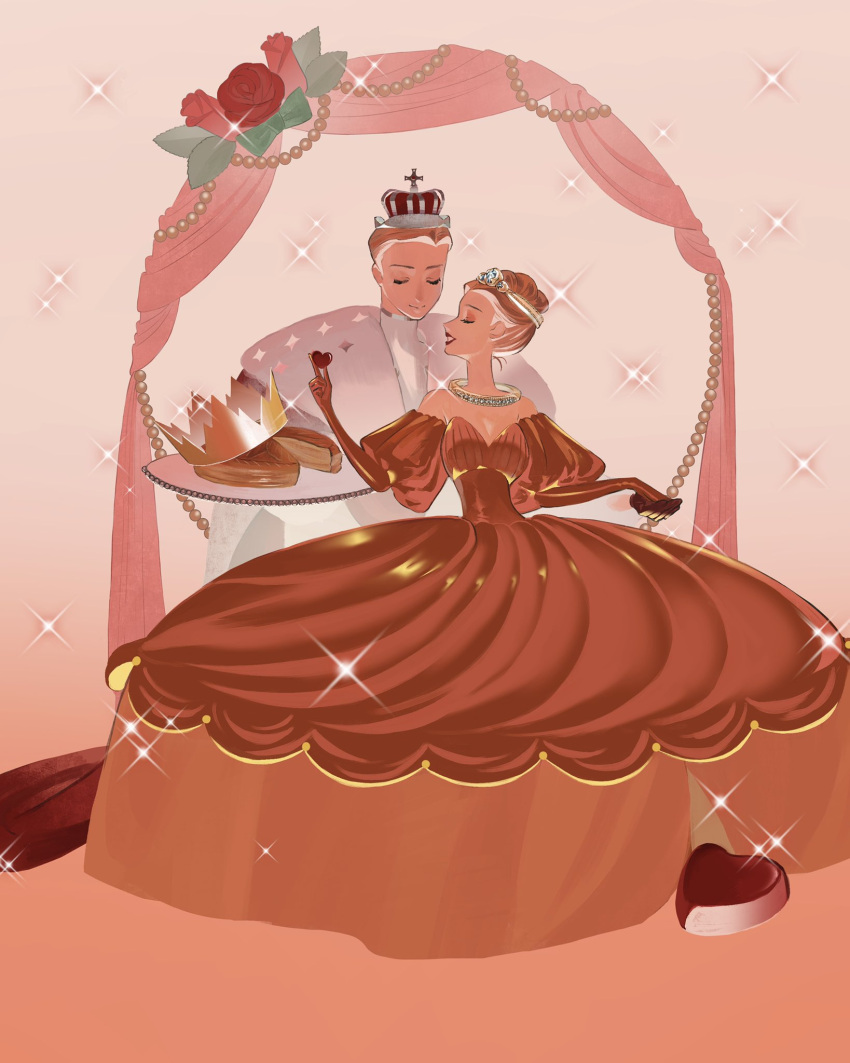 1boy, 1girl, bare_shoulders, bow, closed_eyes, crown, flower, food, galette_des_rois_(food), green_bow, heart, highres, holding, holding_heart, leaf, mu_mashu, open_mouth, original, red_flower, red_rose, red_theme, rose, smile, sparkle, tray