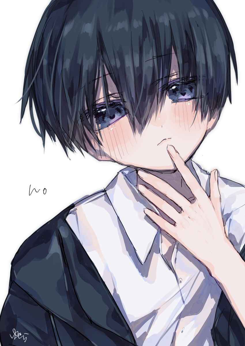 1boy, absurdres, black_hair, blue_eyes, blue_hair, blush, collared_shirt, finger_to_mouth