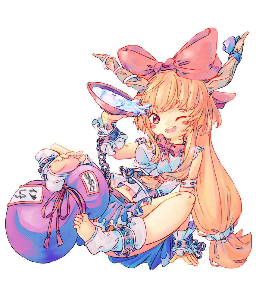 1girl, absurdres, alcohol, bangs, barefoot, blush, brown_eyes, chain, chaosexceed, full_body, highres, horns, ibuki_suika, navel, orange_hair, ribbon, sake, sitting, skirt, soles, toeless_legwear, toes, touhou