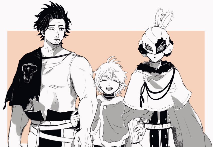 3boys, age_difference, black_bull_(emblem), black_clover, border, capelet, cloak, facial_hair, fur-trimmed_capelet, fur-trimmed_cloak, fur_trim, goatee, golden_dawn_(emblem), greyscale, grin, hat_feather, height_difference, highres, long_sideburns, looking_at_another, luck_voltia, male_focus, mask, monochrome, multiple_boys, muscular, muscular_male, mustache, nasaya_(sayayu), short_hair, sideburns, simple_background, size_difference, smile, stubble, william_vangeance, yami_sukehiro