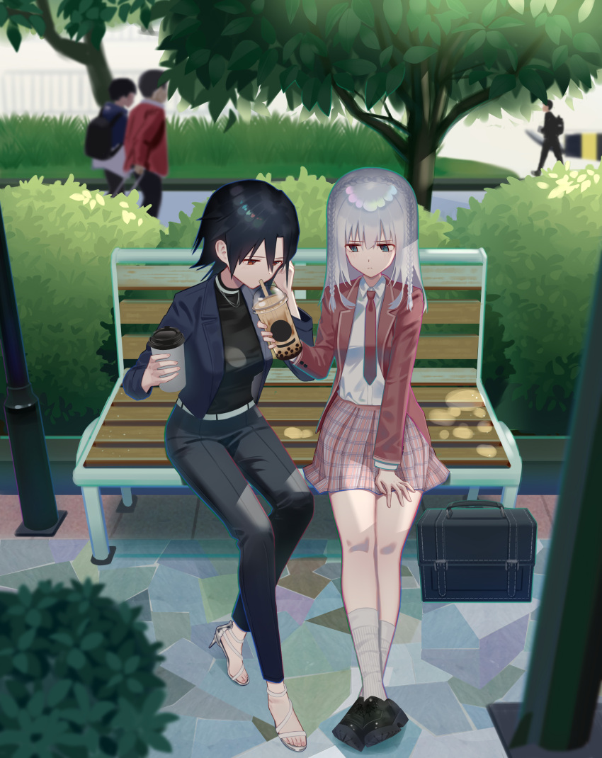 2girls, 3boys, absurdres, age_difference, bag, bench, black_footwear, black_hair