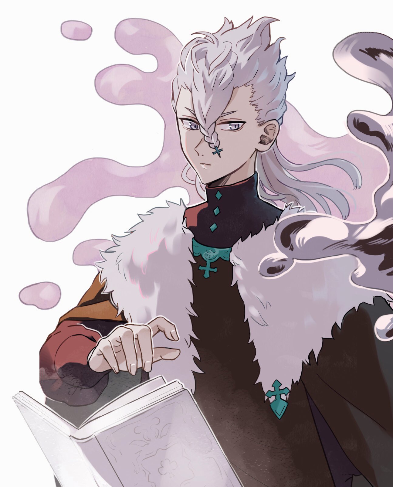 1boy, black_clover, book, braid, braided_bangs, capelet, cloak, cross_hair_ornament