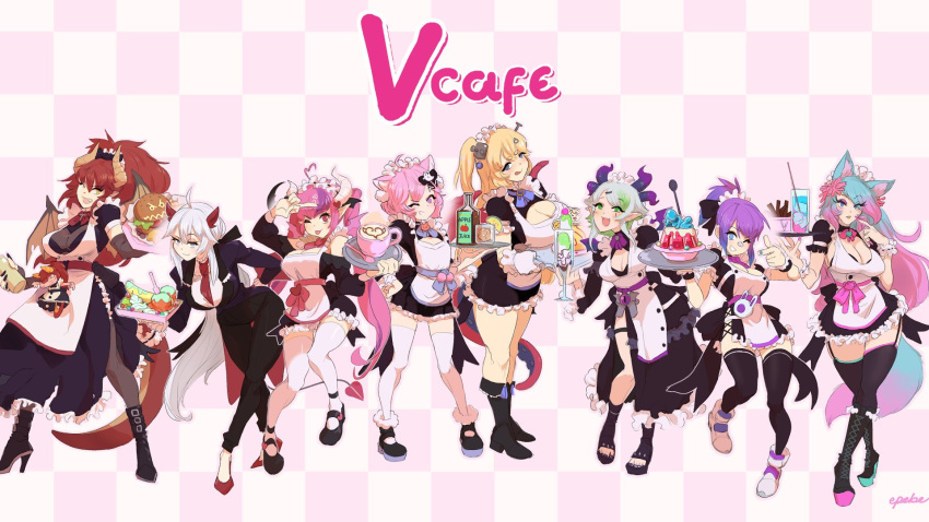 6+girls, :3, animal_ears, apron, black_footwear, black_jacket, black_legwear, blue_hair