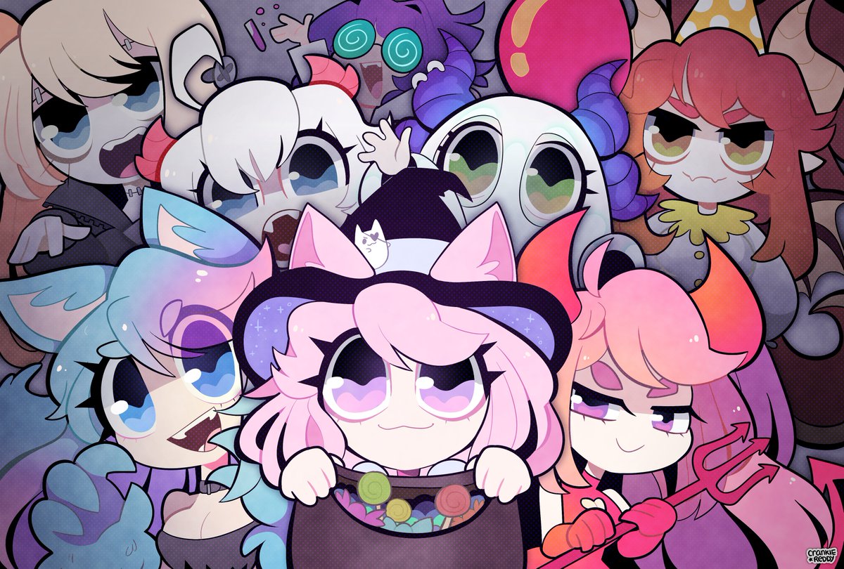 6+girls, @_@, animal_ear_fluff, animal_ears, bag, balloon, black_jacket, bsapricot_(vtuber)