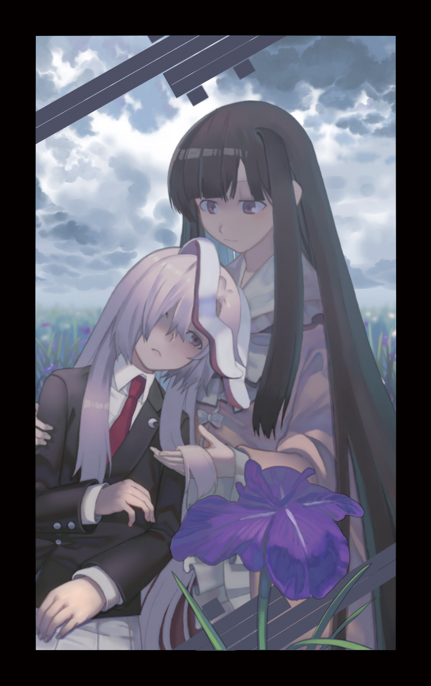 2girls, :<, animal_ears, bangs, black_hair, blazer, blunt_bangs, blush