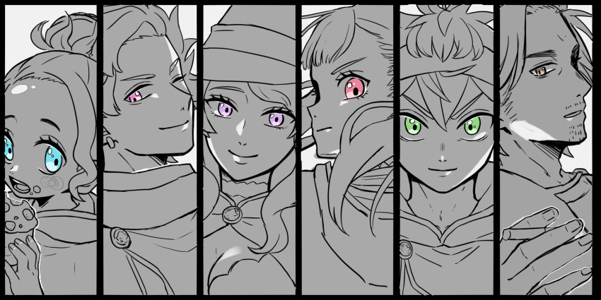 3boys, 3girls, annoyed, asta_(black_clover), bangs, black_border, black_clover, border