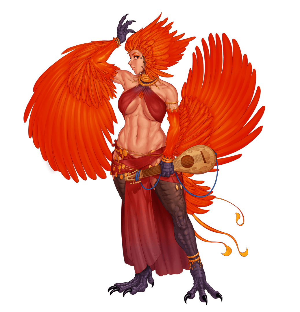 1girl, abs, agnimitra, anklet, anonarts, bird_tail, bird_wings, bracelet