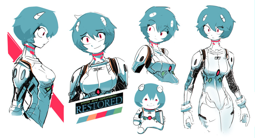 1girl, absurdres, ayanami_rei, bensadfleck, blue_hair, bodysuit, breasts, cropped_legs, cropped_torso, eyebrows_visible_through_hair, eyes_visible_through_hair, hairpods, highres, interface_headset, medium_breasts, multiple_views, neon_genesis_evangelion, plugsuit, profile, red_eyes, short_hair, simple_background, white_background, white_bodysuit