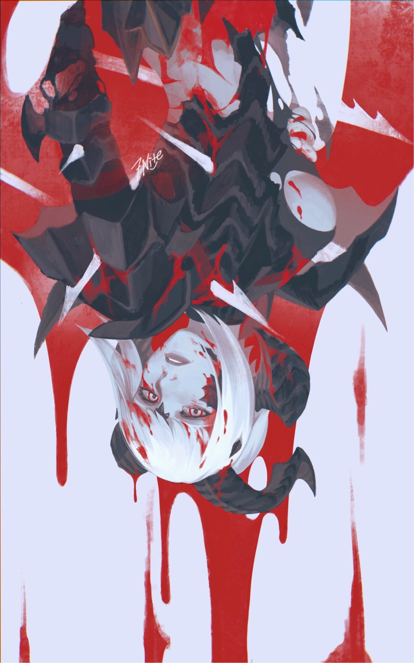 1girl, 7nite, absurdres, armpits, artist_name, au_ra, avatar_(ffxiv), blood, blood_in_hair, blood_on_face, chinese_commentary, commentary_request, dark_knight_(final_fantasy), final_fantasy, final_fantasy_xiv, highres, horns, looking_at_viewer, parted_lips, short_hair, solo, upside-down, white_hair