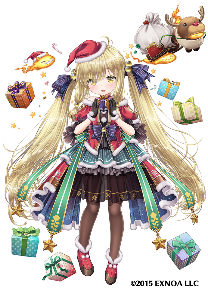 1girl, :d, black_gloves, blonde_hair, blue_bow, bow, brown_legwear, choker, christmas, dress, flower_knight_girl, full_body, gift, gloves, green_bow, hair_bobbles, hair_bow, hair_ornament, hat, head_tilt, holding, holding_gift, kei_kei, koonitabirako_(flower_knight_girl), layered_dress, long_hair, looking_at_viewer, official_art, open_mouth, pantyhose, pom_pom_(clothes), red_footwear, red_headwear, reindeer, sack, santa_hat, shoes, simple_background, sleigh, smile, solo, standing, twintails, waist_bow, white_background, yellow_eyes