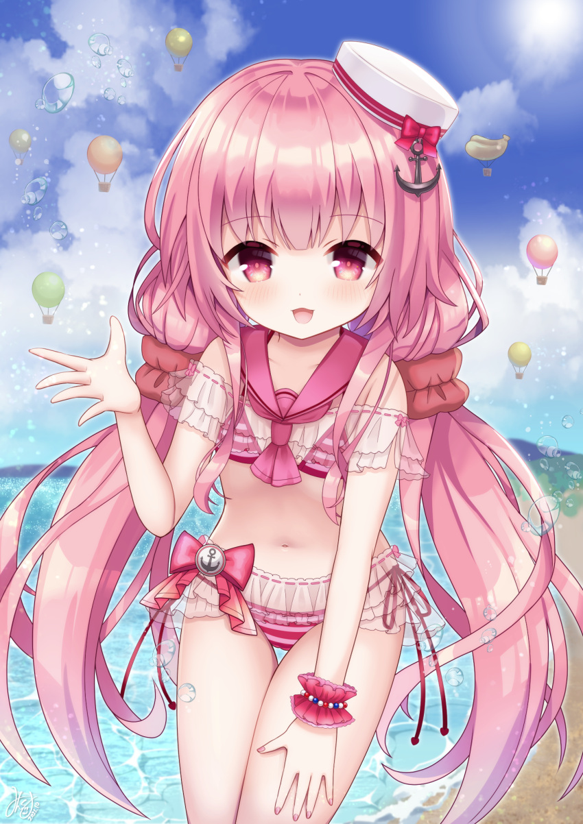 1girl, aircraft, anchor_ornament, beach, bikini, cowboy_shot, flower_knight_girl, hair_ornament