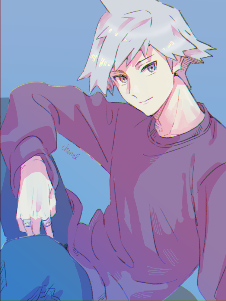 1boy, aihysa, alternate_costume, bangs, blue_pants, closed_mouth, commentary_request, from_side