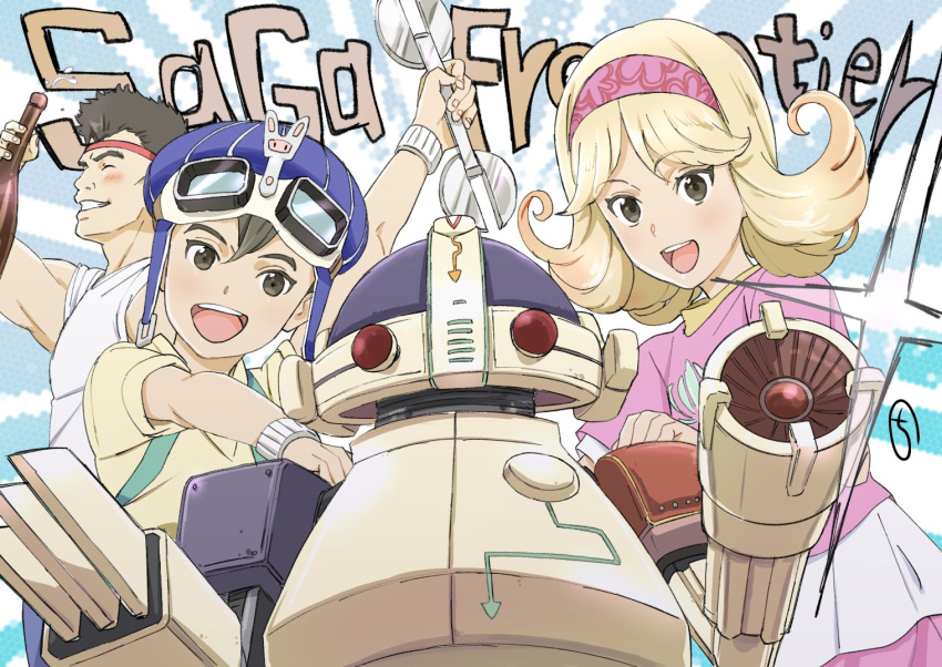 2boys, alcohol, beer, black_hair, blonde_hair, brown_hair, dress, gen_(saga)