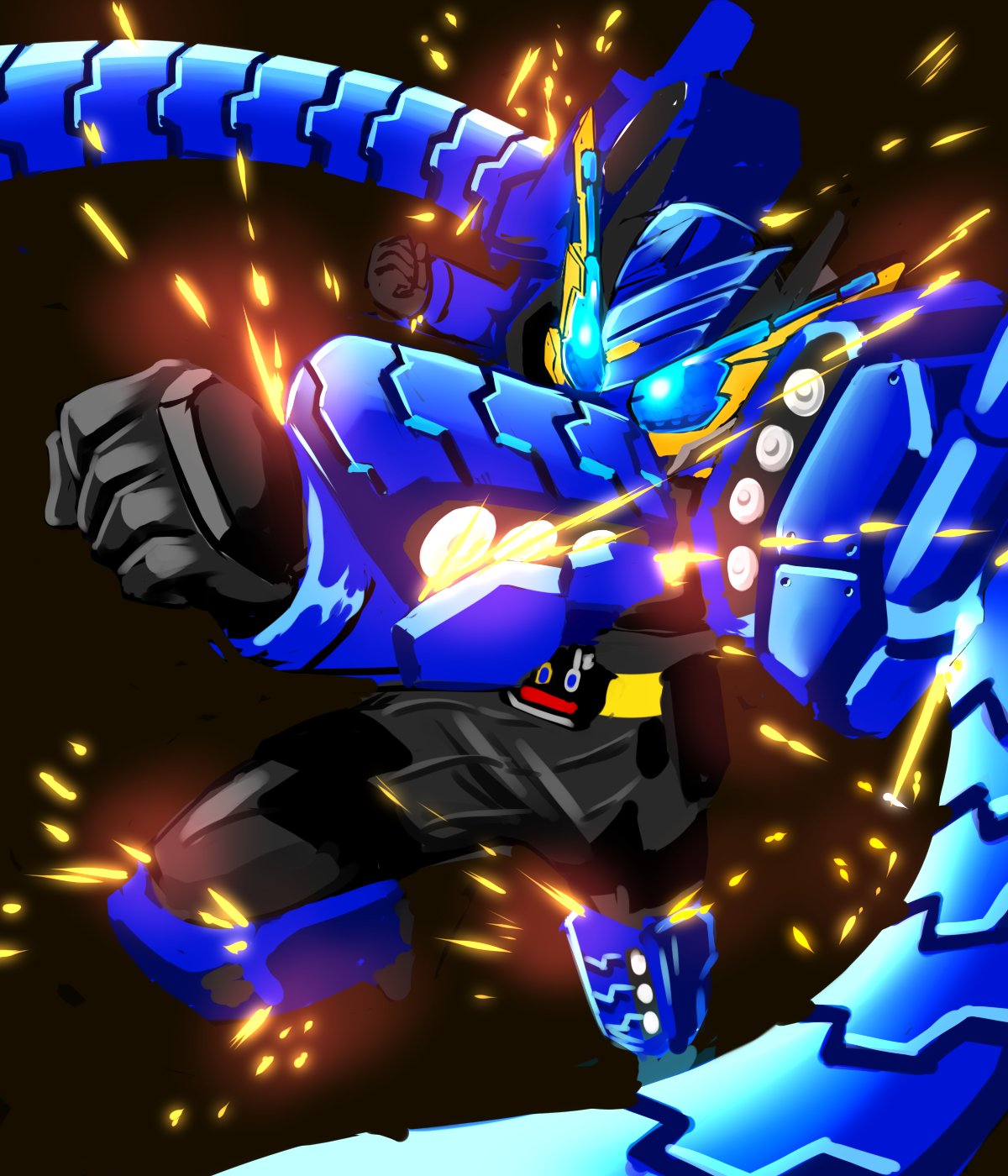 black_background, black_bodysuit, black_footwear, black_gloves, blue_armor, blue_eyes, bodysuit, boots