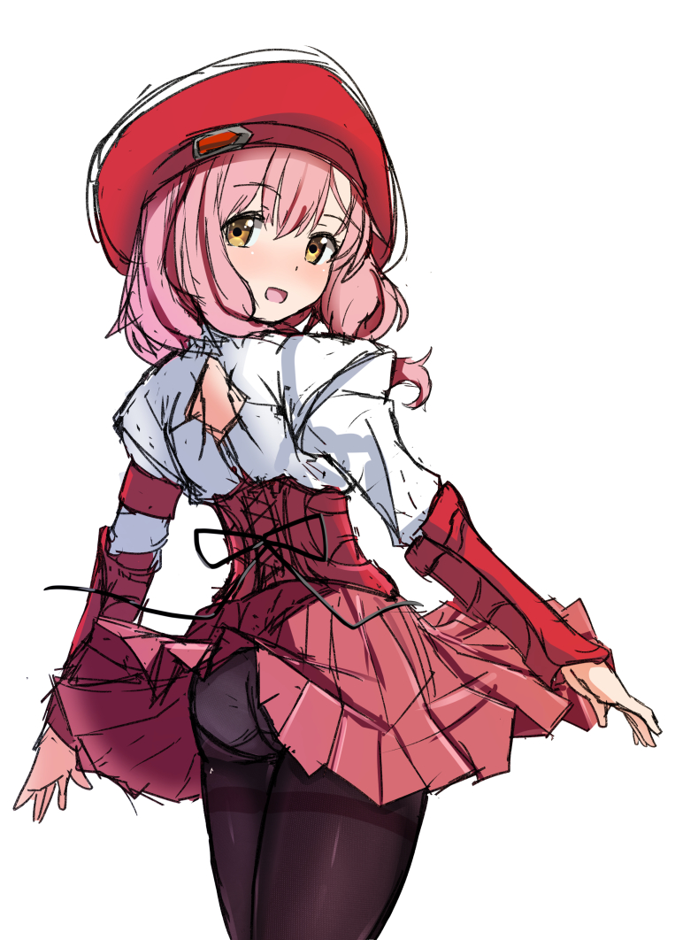 1girl, ass, beret, brown_eyes, dress, hat, jewelry, kansoku, long_hair, looking_at_viewer, m.o.m.o., open_mouth, panties, panties_under_pantyhose, pantyhose, pink_hair, simple_background, skirt, smile, solo, thighband_pantyhose, underwear, white_background, xenosaga, yellow_eyes