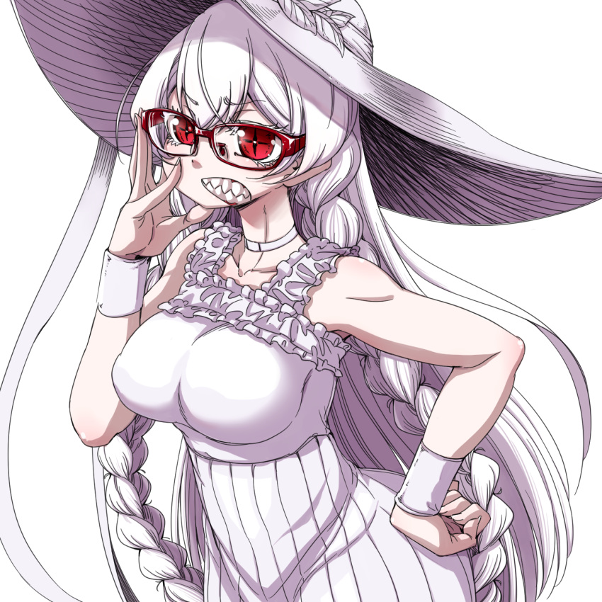 1girl, braid, breasts, dress, glasses, glasses_day, hanya_(hanya_yashiki), hat