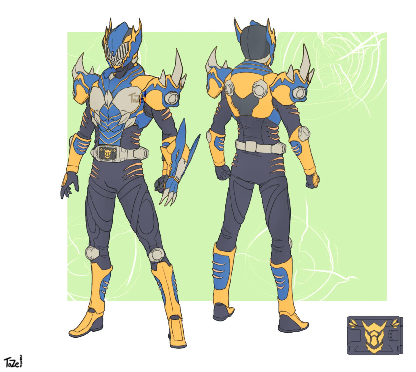 1boy, advent_deck, back, blue_armor, boots, character_sheet, chinese_zodiac, clenched_hand, clenched_hands, crossover, gauntlets, green_background, highres, kamen_rider, kamen_rider_rage_(to_ze), mashup, monster_hunter_(series), open_hand, outside_border, plug, plugsuit, shoulder_spikes, signature, spikes, tiger_stripes, tigrex, tigrex_(armor), to_ze, v_buckle, yellow_armor, yellow_footwear