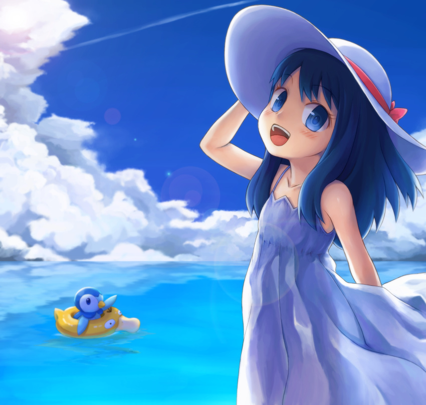 1girl, :d, arm_up, bangs, bare_arms, blue_eyes, blue_hair, blush
