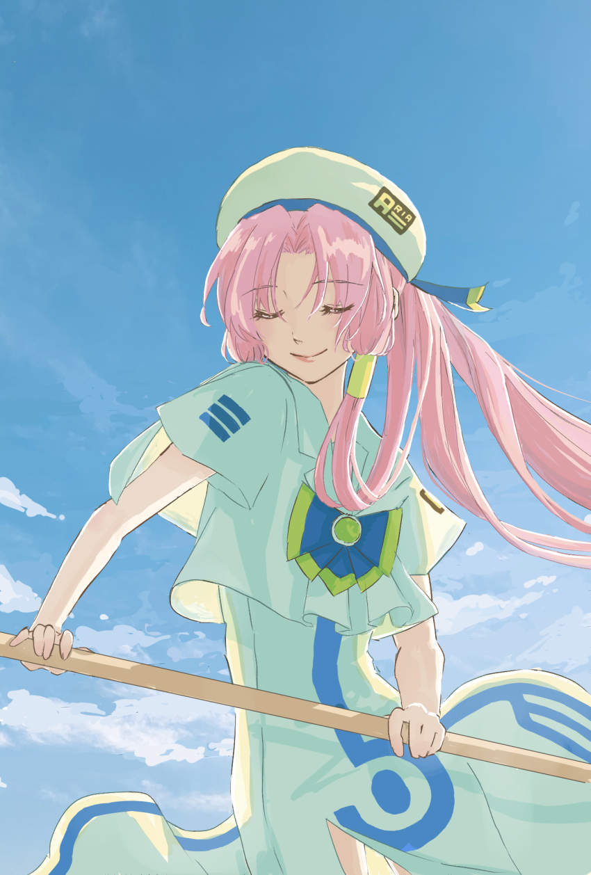 aria, aria_company_uniform, blue_sky, closed_eyes, clouds, cloudy_sky, dress, hair_intakes